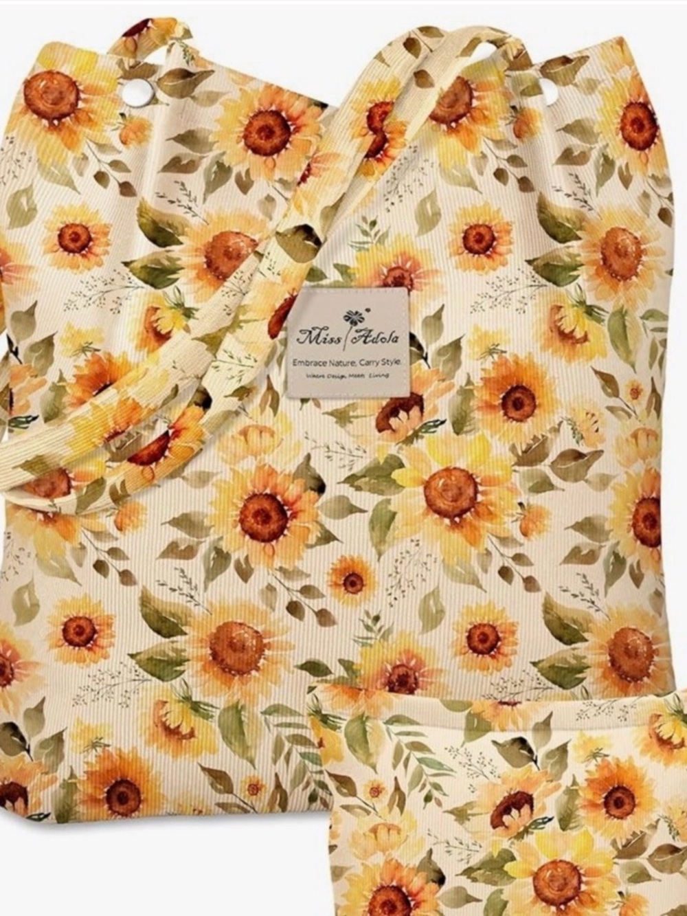 Sunflower Print Cream Tote Bag with Small Pouch - Picture 4 of 5